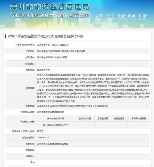 深圳市季茶飲品管理使用過期食品原材料案